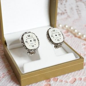 Vintage Silver Tone Clock Clip-On Earrings